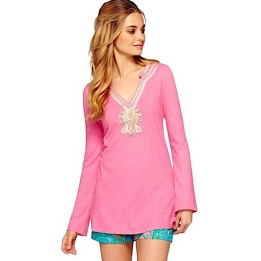 Lilly Pulitzer | Emerson Pink Gold Trim Long Sleeve Tunic Top XS